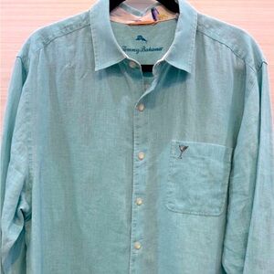 Tommy Bahama Men’s Linen Green Casual Button Down Shirt Floral Flip Cuff Size L